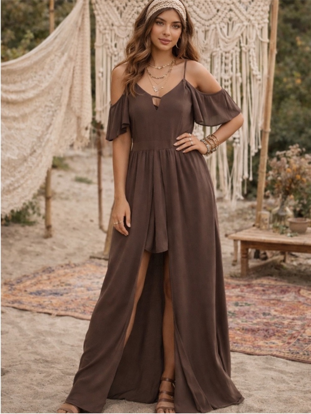 Elegant Cold-Shoulder Romper Maxi Dress